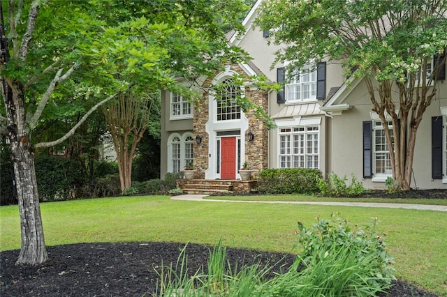 4575 Dairy Way, Peachtree Corners, GA 30092 - view of front of house with stucco siding, a front yard, and stone siding