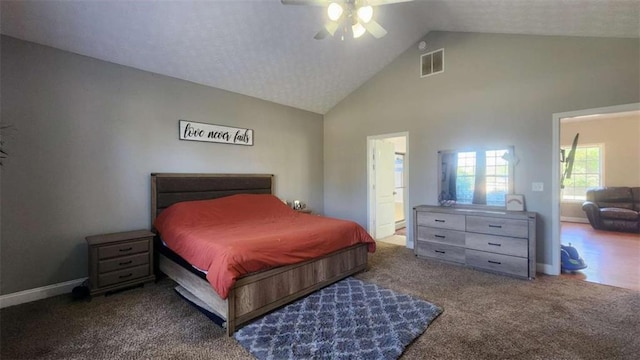 116 Ridge Xing, Temple, GA 30179 - bedroom featuring high vaulted ceiling, ceiling fan, visible vents, carpet floors, and baseboards