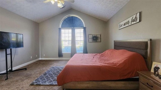 116 Ridge Xing, Temple, GA 30179 - carpeted bedroom with a textured ceiling, baseboards, a ceiling fan, and lofted ceiling