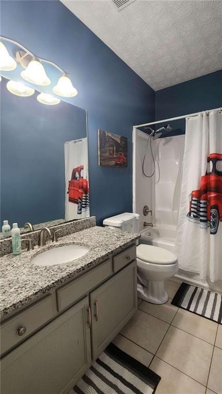 116 Ridge Xing, Temple, GA 30179 - full bath with vanity, tile patterned flooring, a textured ceiling, toilet, and shower / bathtub combination with curtain