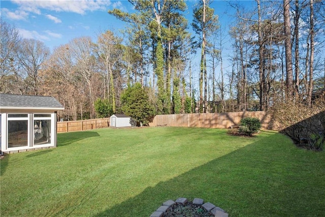 view of yard with a storage shed