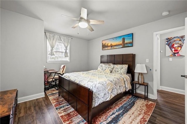 bedroom featuring dark wood-style floors, ceiling fan, and baseboards