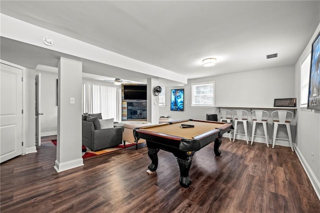 recreation room featuring baseboards, visible vents, a ceiling fan, wood finished floors, and pool table