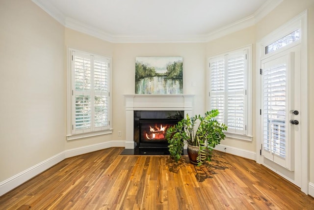 unfurnished room with a healthy amount of sunlight, a fireplace with flush hearth, and wood finished floors