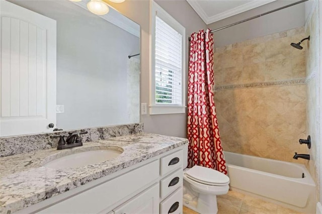 full bathroom with tile patterned flooring, crown molding, shower / bath combo with shower curtain, vanity, and toilet