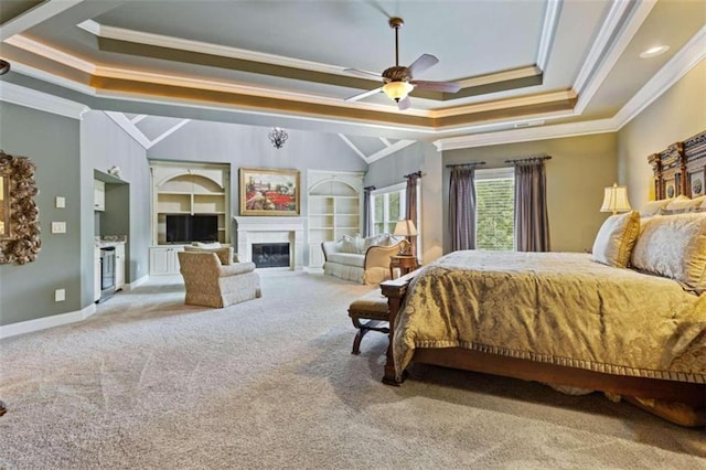 bedroom featuring crown molding, ceiling fan, and light carpet