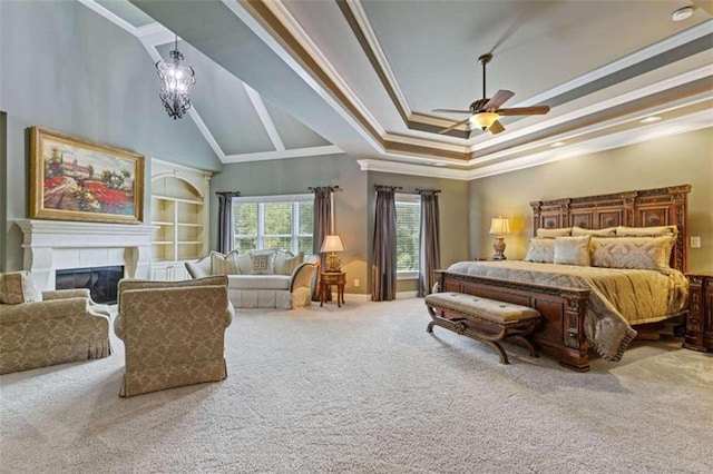 carpeted bedroom with ornamental molding, ceiling fan, high vaulted ceiling, and a fireplace