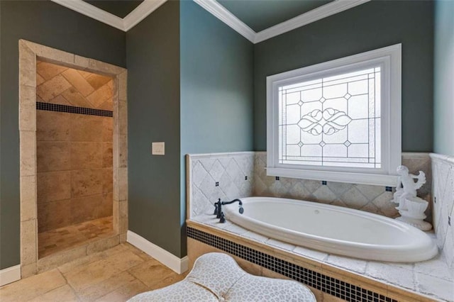 bathroom featuring plus walk in shower and crown molding