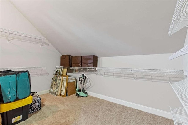 spacious closet featuring carpet floors and vaulted ceiling