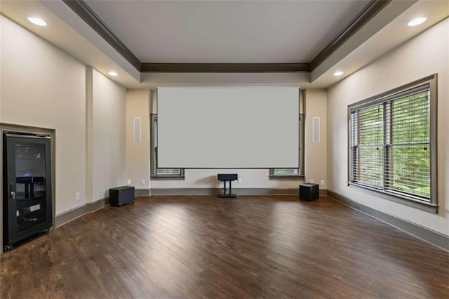 home theater with a tray ceiling, dark wood-type flooring, and crown molding