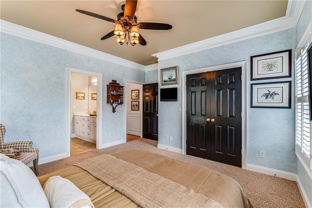 306 Calumet Ln, Monroe, GA 30655 - bedroom with carpet floors, a closet, baseboards, ornamental molding, and wallpapered walls