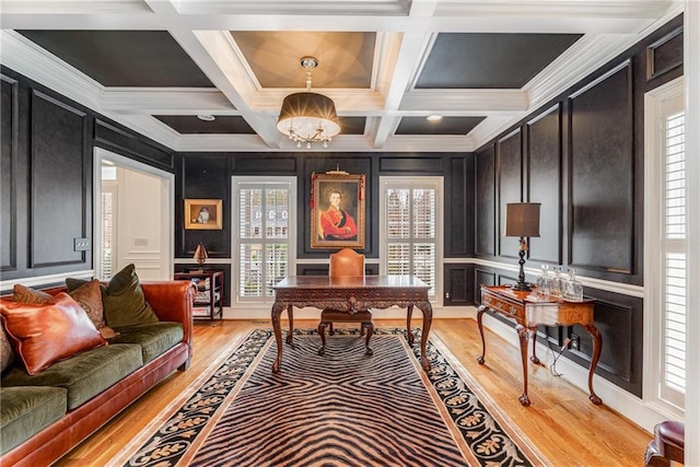 306 Calumet Ln, Monroe, GA 30655 - office featuring a decorative wall, light wood-type flooring, crown molding, a chandelier, and coffered ceiling