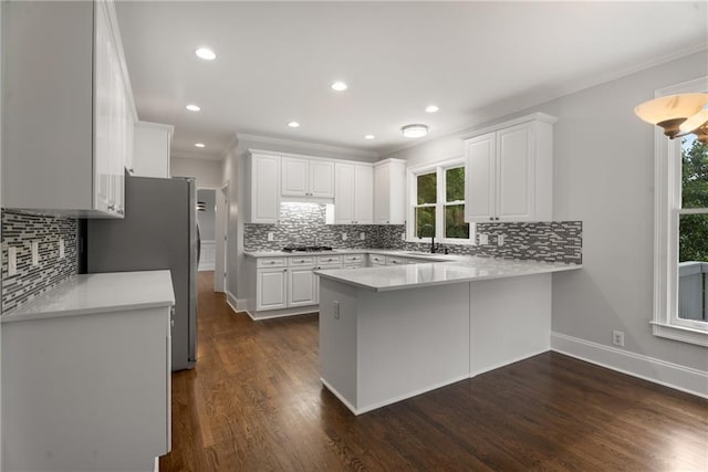 kitchen featuring plenty of natural light, a peninsula, crown molding, and decorative backsplash