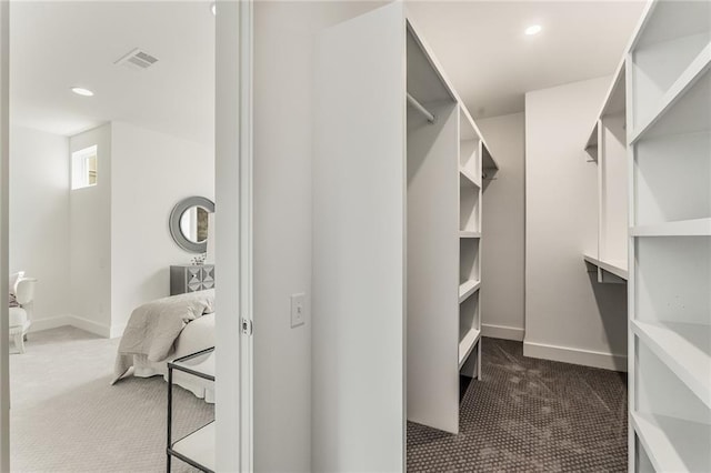 spacious closet with dark colored carpet