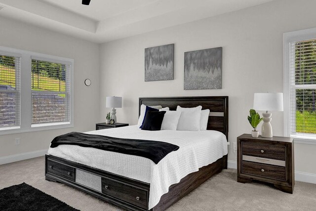 carpeted bedroom featuring ceiling fan and a tray ceiling