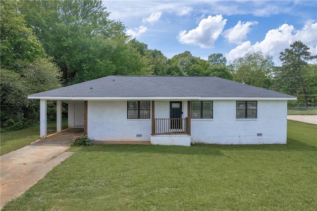single story home featuring roof with shingles, brick siding, a front yard, crawl space, and concrete driveway