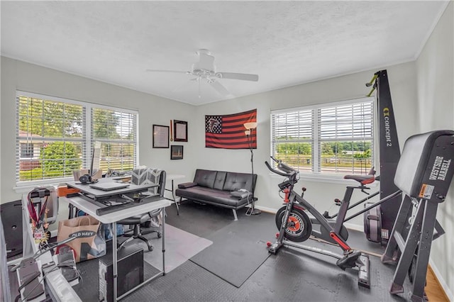 interior space with a ceiling fan, baseboards, and a textured ceiling