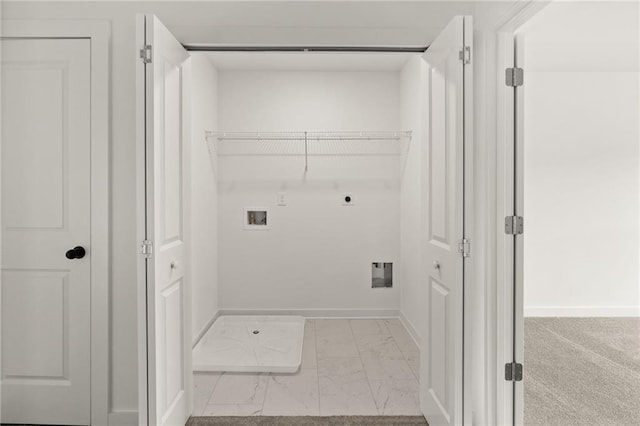 washroom featuring laundry area, baseboards, hookup for a washing machine, marble finish floor, and electric dryer hookup