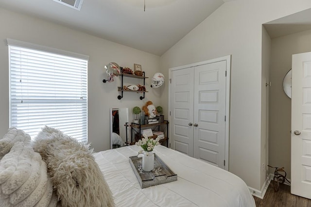 bedroom with lofted ceiling, multiple windows, visible vents, and a closet