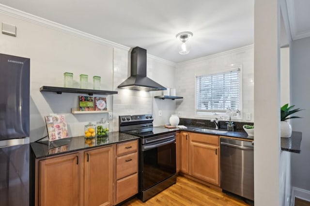 kitchen with freestanding refrigerator, range hood, open shelves, stainless steel dishwasher, and range with electric stovetop