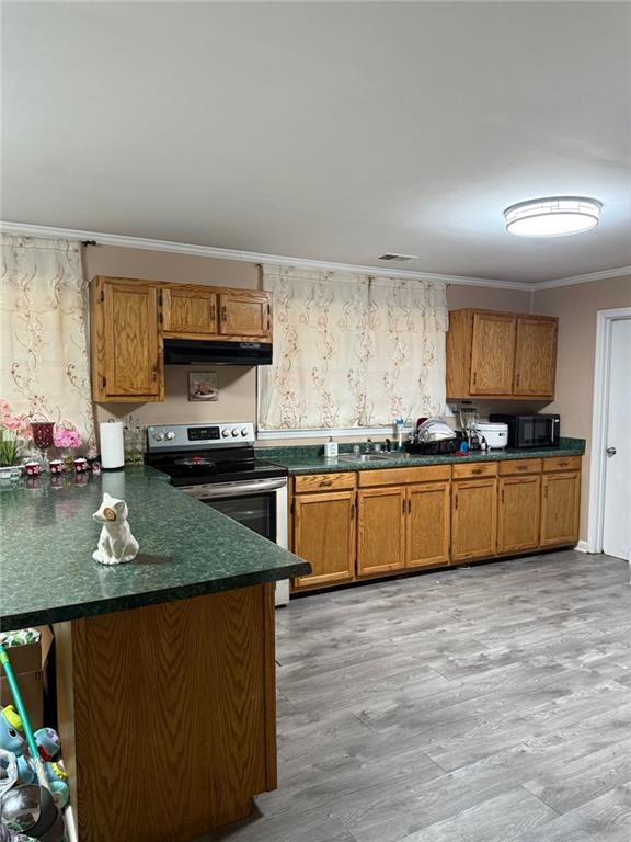 kitchen with kitchen peninsula, stainless steel electric range oven, light hardwood / wood-style flooring, and crown molding