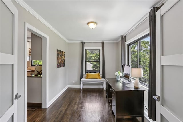 office space with healthy amount of natural light, dark wood-style floors, crown molding, and baseboards