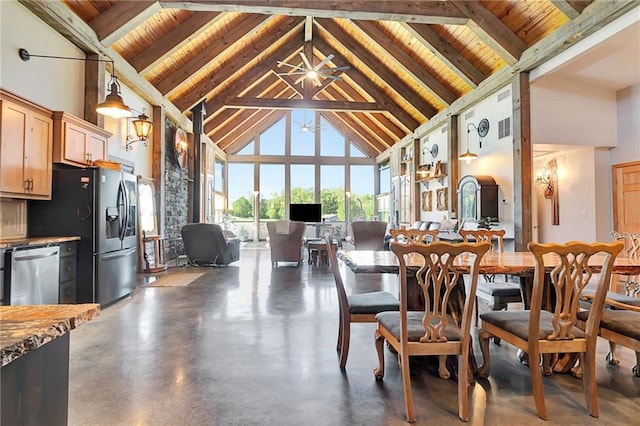 dining room featuring wood ceiling, beamed ceiling, high vaulted ceiling, and ceiling fan