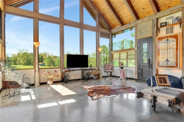 sunroom with wood ceiling and vaulted ceiling with beams