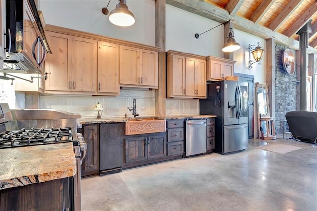 kitchen featuring appliances with stainless steel finishes, sink, wooden ceiling, pendant lighting, and beam ceiling