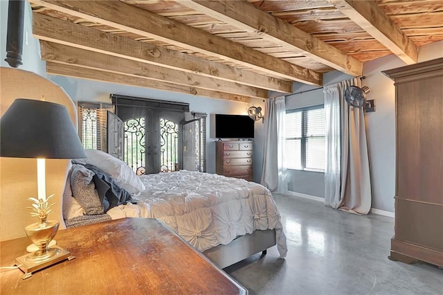 bedroom featuring concrete floors, beamed ceiling, and wooden ceiling