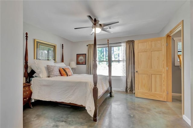 bedroom featuring concrete flooring and ceiling fan