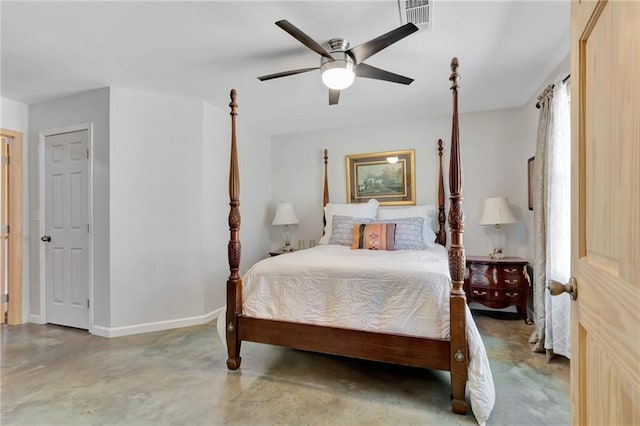 bedroom with concrete floors and ceiling fan