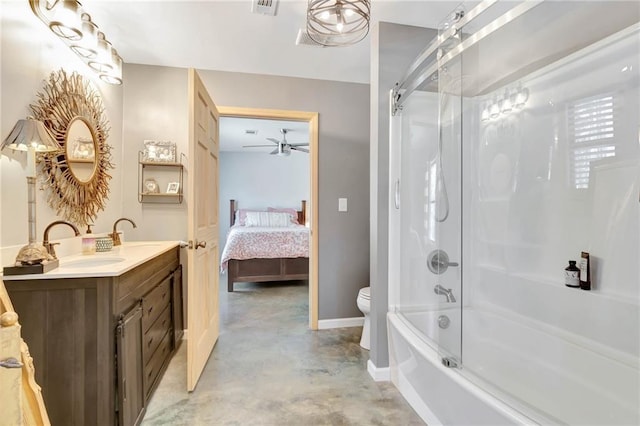 full bathroom featuring enclosed tub / shower combo, ceiling fan, concrete floors, toilet, and vanity