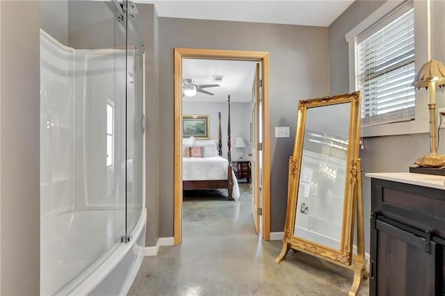 bathroom with vanity, ceiling fan, and concrete flooring