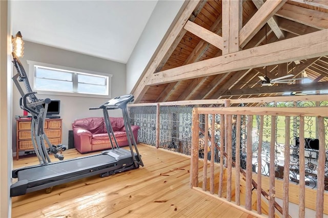 exercise area with wooden ceiling, lofted ceiling, and hardwood / wood-style floors