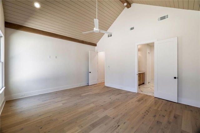 unfurnished room featuring high vaulted ceiling, wooden ceiling, light wood-type flooring, ceiling fan, and beam ceiling