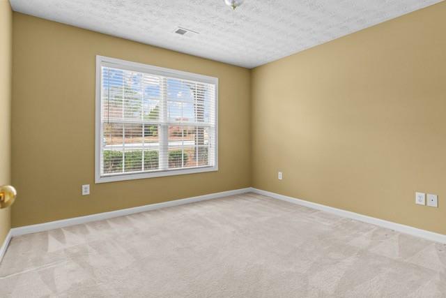 unfurnished room with light carpet and a textured ceiling