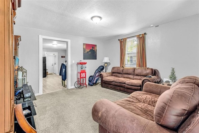 living room featuring carpet floors and a textured ceiling