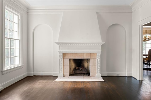 401 Peachtree Battle Ave NW, Atlanta, GA 30305 - unfurnished living room featuring wood finished floors, baseboards, a fireplace, and ornamental molding