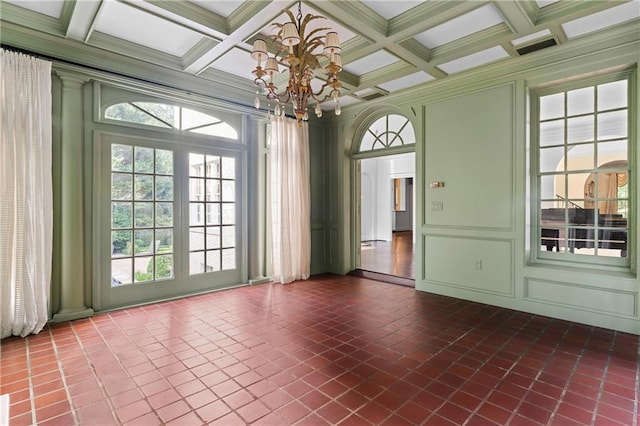 401 Peachtree Battle Ave NW, Atlanta, GA 30305 - unfurnished room featuring a chandelier, beam ceiling, plenty of natural light, a decorative wall, and coffered ceiling