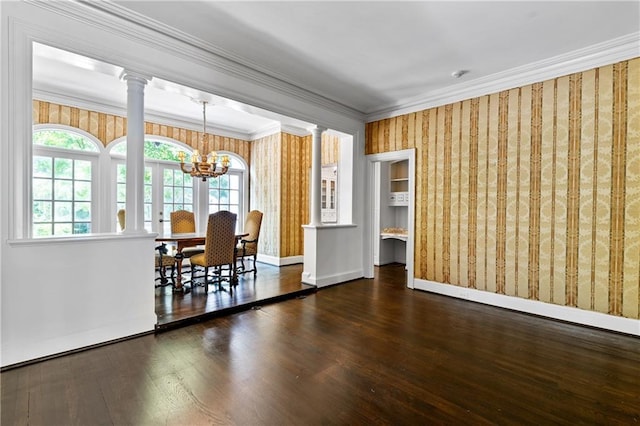 401 Peachtree Battle Ave NW, Atlanta, GA 30305 - dining area with a chandelier, baseboards, hardwood / wood-style floors, wallpapered walls, and ornamental molding