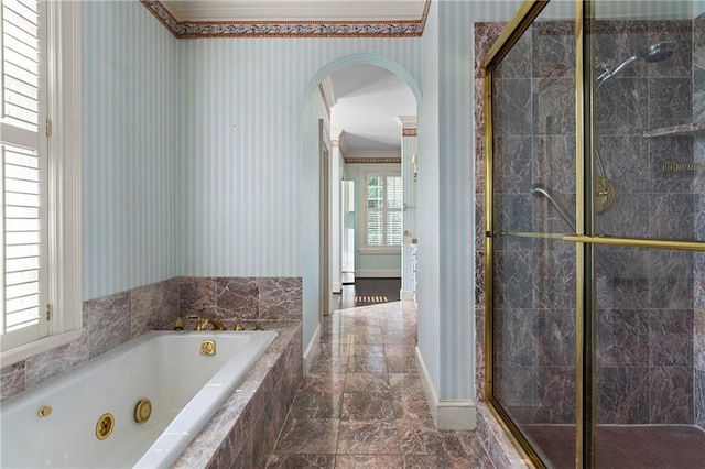 401 Peachtree Battle Ave NW, Atlanta, GA 30305 - full bathroom featuring a jetted tub, a stall shower, crown molding, baseboards, and marble finish floors