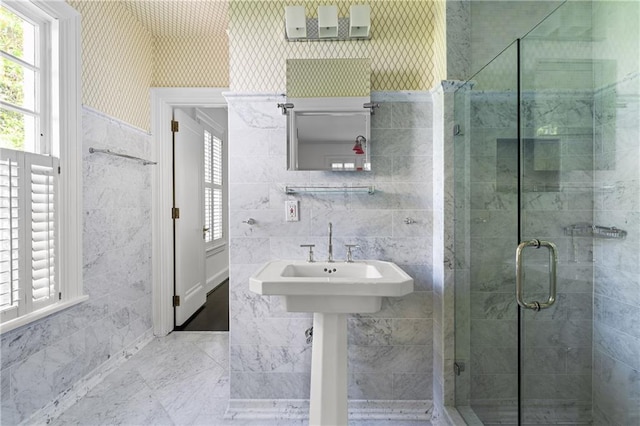 401 Peachtree Battle Ave NW, Atlanta, GA 30305 - full bathroom featuring healthy amount of natural light, a shower stall, and tile walls