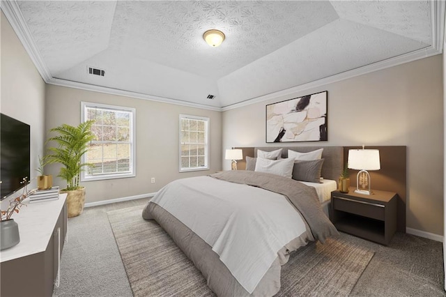 carpeted bedroom featuring a raised ceiling, crown molding, vaulted ceiling, and a textured ceiling