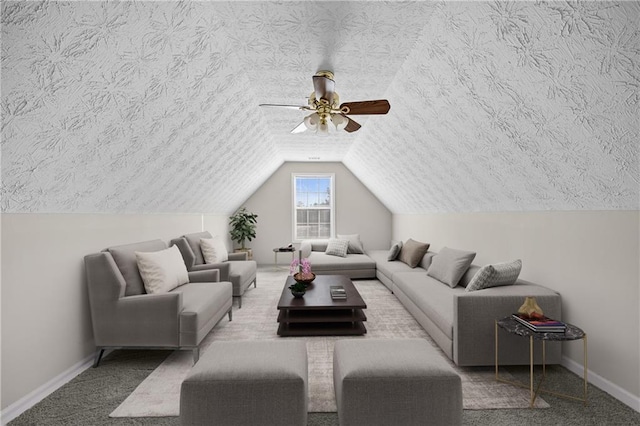 carpeted living room with vaulted ceiling and a textured ceiling