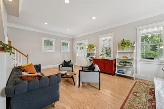 218 S Ave SE, Atlanta, GA 30315 - living area with stairway, light wood-type flooring, crown molding, recessed lighting, and baseboards