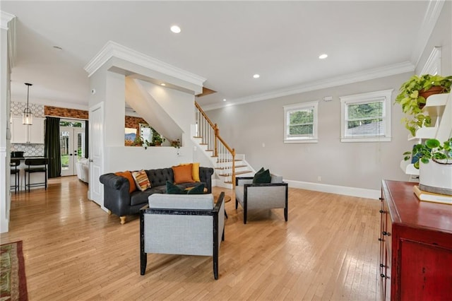 218 S Ave SE, Atlanta, GA 30315 - living area featuring light wood-type flooring, stairs, ornamental molding, baseboards, and recessed lighting