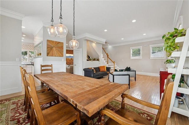 218 S Ave SE, Atlanta, GA 30315 - dining room with stairway, crown molding, light wood finished floors, recessed lighting, and baseboards