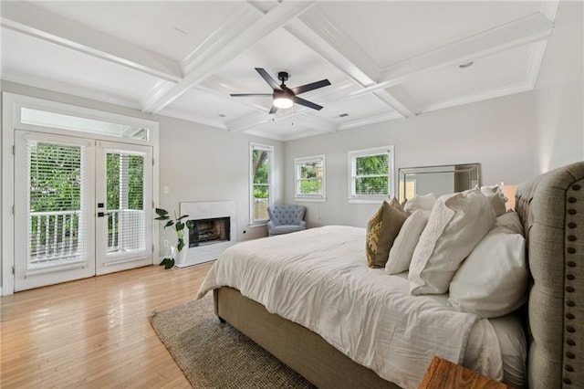 218 S Ave SE, Atlanta, GA 30315 - bedroom featuring access to outside, coffered ceiling, light wood finished floors, beamed ceiling, and french doors