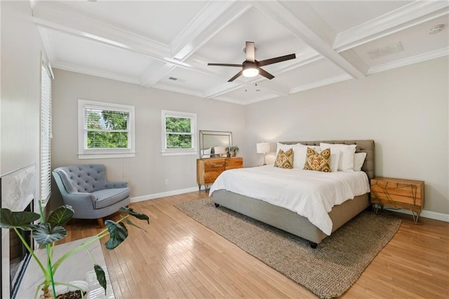 218 S Ave SE, Atlanta, GA 30315 - bedroom with light wood finished floors, beamed ceiling, baseboards, coffered ceiling, and ceiling fan